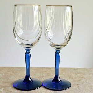 Libbey Crystal Blue Water Wine Glasses 8" Cobalt swag optic vintage gold trim